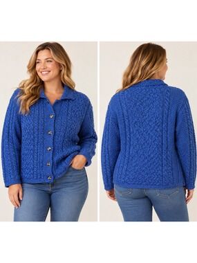 Aran Crafts Ireland 100% Merino Wool Cable Knit Cardigan Sweater Blue L